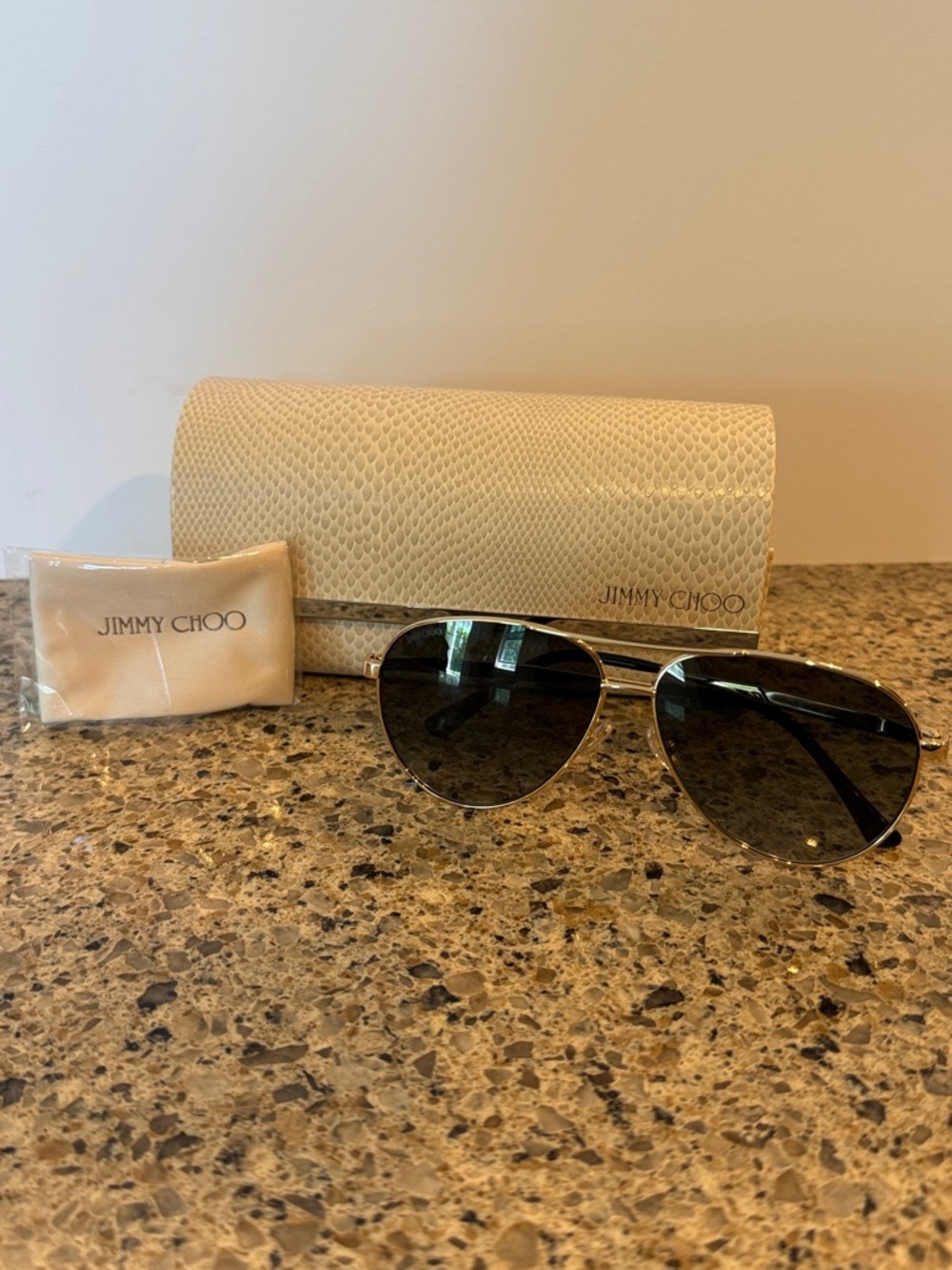 Jimmy Choo Gold Frame Aviator Sunglasses with Cream Python-Texture Case.  NEW